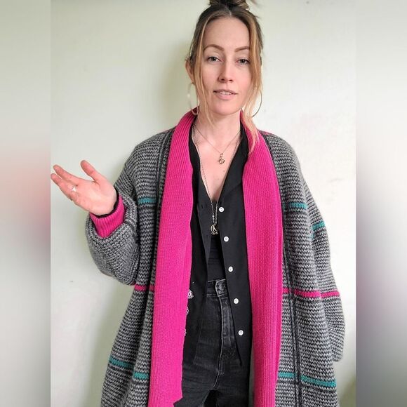 The Sandra 90s Vintage Grid Wool Zip Up Sweater L - Picture 2 of 16